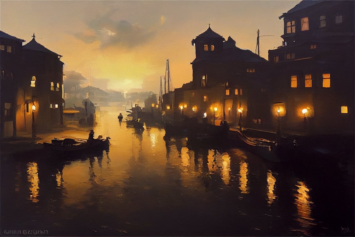 prompthunt Professional oil painting of establishing shot of canal