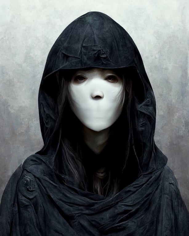 prompthunt: Black hood covering face, thereal face, ghostly shaped