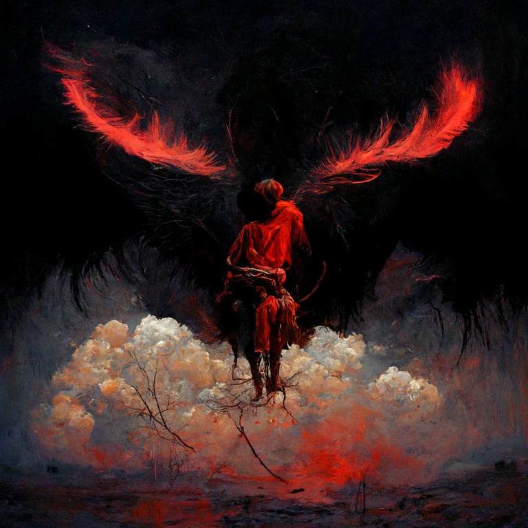 prompthunt: a satan boy with wings and arrows stuck in his chest sitting on  big red cloud in darkness, realistic