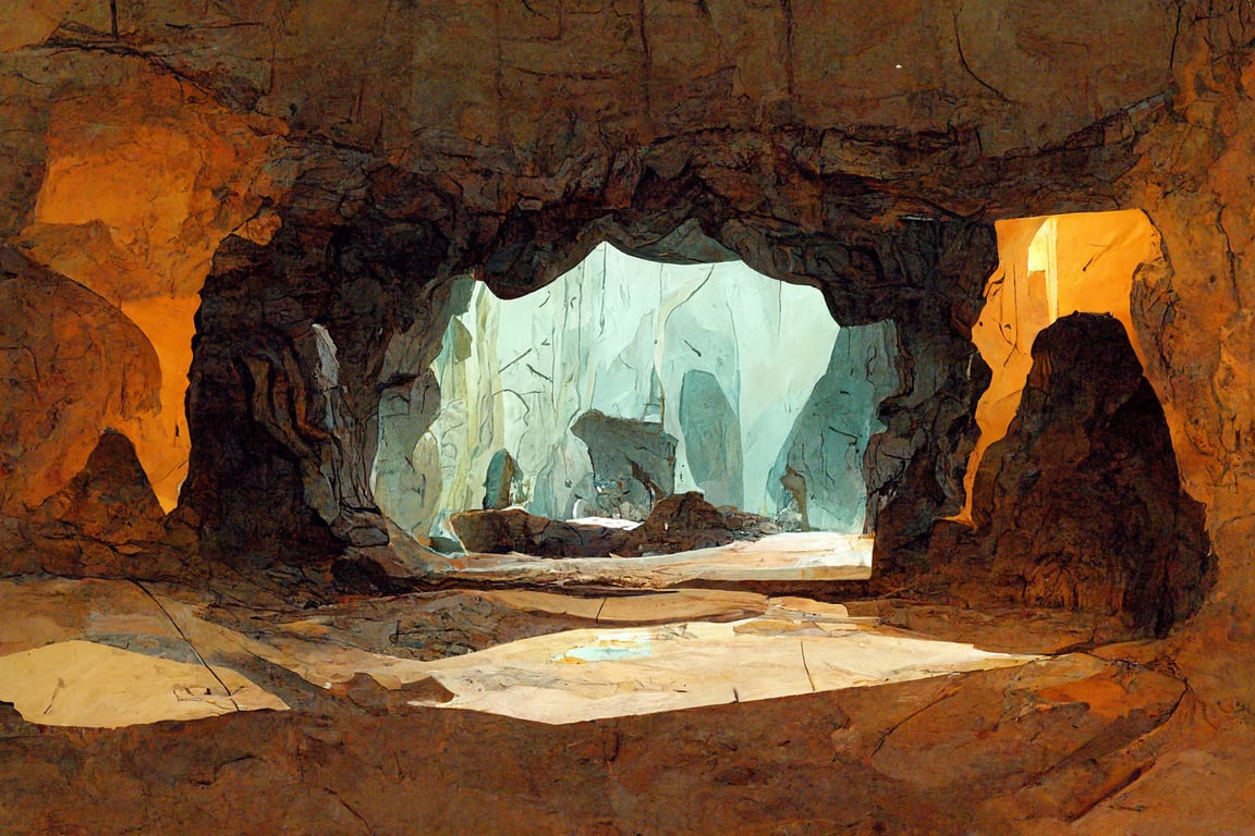 prompthunt: visual development, concept art, three quarter view of cave  interior, shoebox design of interior of cave, contained int rectangle