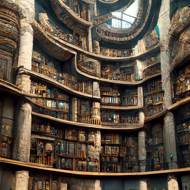 prompthunt massive library spiral book shelves, ancient greek