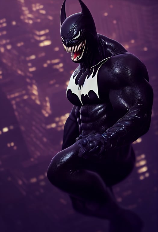 prompthunt: venom wearing a batman suit in new york city, cinematic  lighting, 3d render, 8k, high fidelity, octane render, ultra realistic,  sleek sharp textures, photography