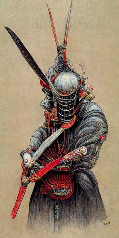 prompthunt: Samurai warrior, katana, Cover Art, highly detailed, high  quality , mangacore, colored pencil, detailed drawing , Drawn by Junji Ito,  drawn by Piotr Jablonski