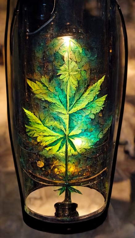 prompthunt: an old gas lamp post created by elon musk, beautiful, intricate  detail, marijuana leaves etched in the glass, light is illuminatting  cannabis leaves, lush, cottagecore