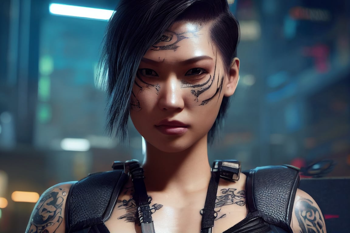 well rounded beautiful Asian woman in Cyberpunk 2077; undercut hair; yakuza tattoos, highly detailed face; toned belly; intricately detailed clothing; D-cup chest, cinematic lightings; Attractive; Flirty; Cyberpunk, Shadowrun; Octane Render, Unreal engine, unreal 5, Hyper-Realistic, Hyper-Detailed, 8k