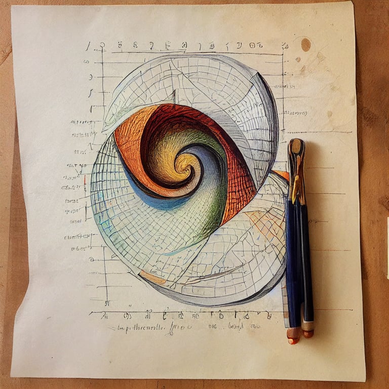 prompthunt: a colorful quill pen drawing fibonacci and mathmatical geometry  on parchment paper, equations, theoroms, diagrams, unreal engine, intricate  detail