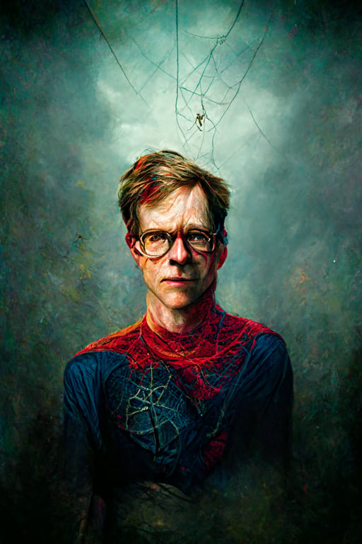 prompthunt: Hank green as spiderman, no mask, hanging from a web, by greg  rutkowski: windswept, beautifully lit, studio lighting, saturated colors,  intricate details, perfect features, dramatic