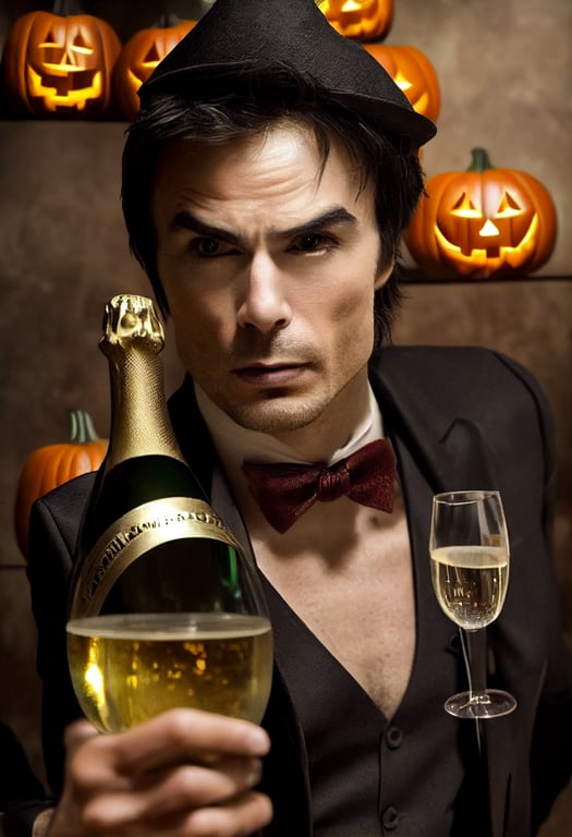 prompthunt: a handsome Ian Somerhalder vampire lifts one glass of champagne,  no other glasses or bottles in image, he won the Halloween costume contest,  realistic, photography, 8k, high octane soft cinematic lighting,
