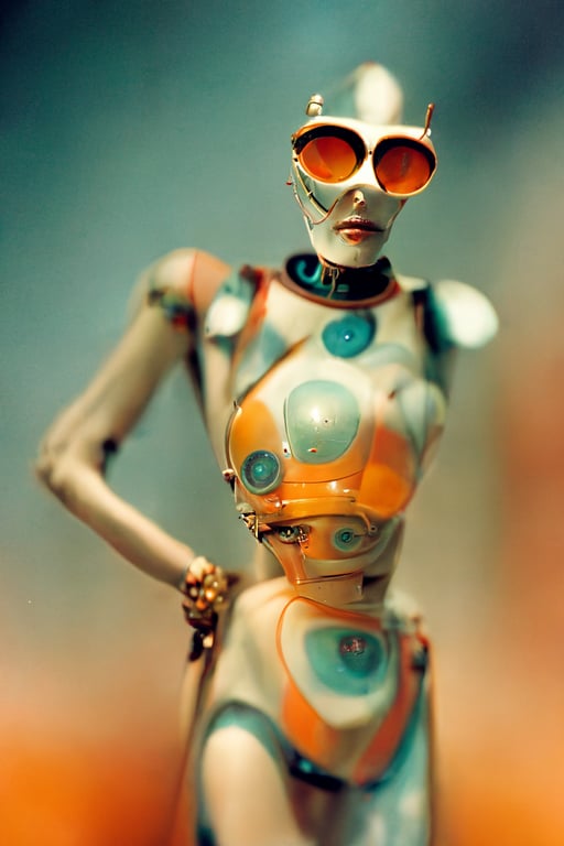 prompthunt: highly detailed stunningly attractive retro futurist humanoid  robot in the style of Hajime Sorayama model wearing [warm pastel tones]  [haute couture] [sunbathing, flowing sarong, high heels, glasses, large  hoop earings, bird