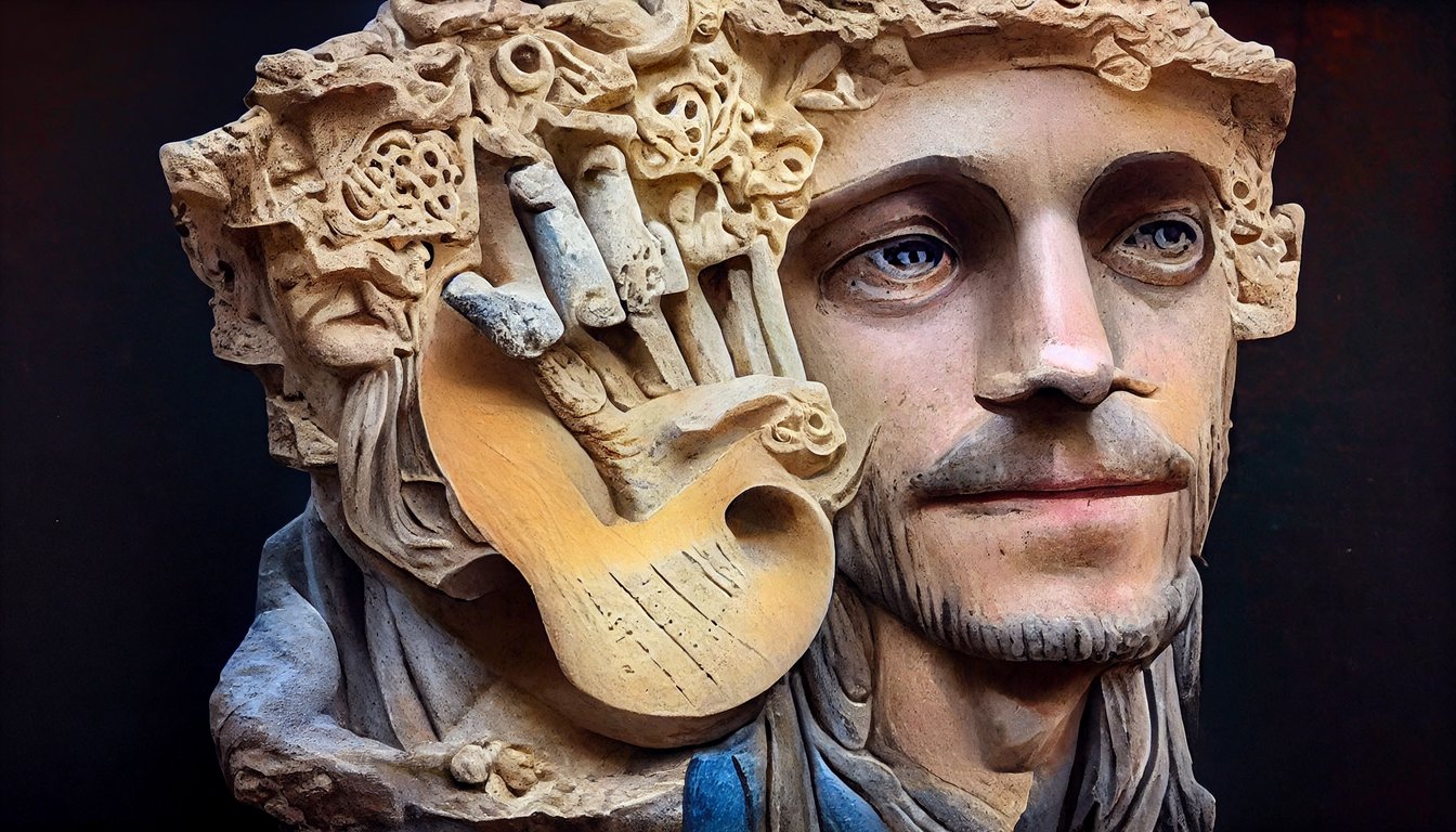 prompthunt: real photograph of medieval sculpture, stoner musician, the  greatest bard in all of Rome, dedicated intricate hand-sculpted art piece,  real materials, gorgeous, detailed