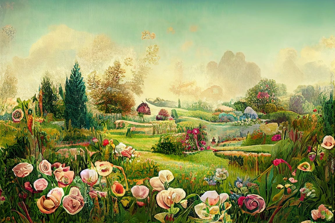 prompthunt: country landscape wallpaper faded smoke style, pastel green  pale pink, gold, faded, wildflowers, tea roses, poppies, sparrows, wrens.  Overgrown. Crowded. Small English garden. The Secret Garden. depth of  field. beatrix potter.