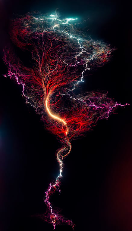 prompthunt: lightning tendrils beckoning you towards a chaotic rift in the  space time continuum, high-tech, electric colors, multidimensional,  fractal, dark-mode, low contrast, dark-crimson