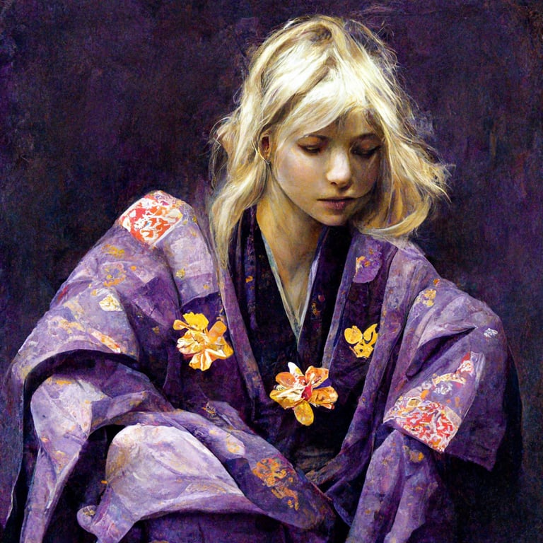 prompthunt: blonde ino in a purple bowed kimono with flower ornaments in  her hair