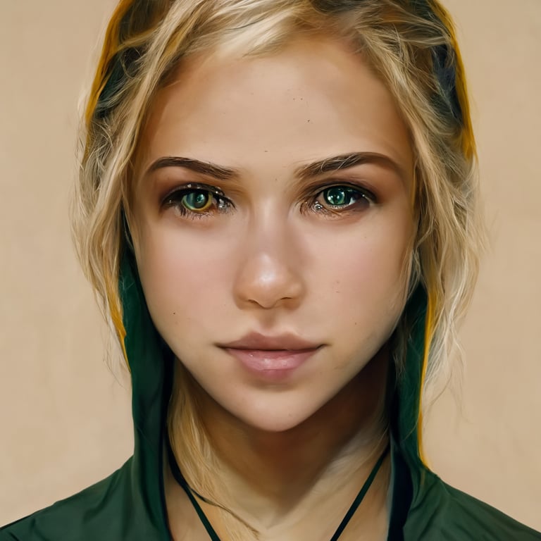 beautiful young woman with blonde hair, green eyes, symmetrical face, ultra realistic, 8k