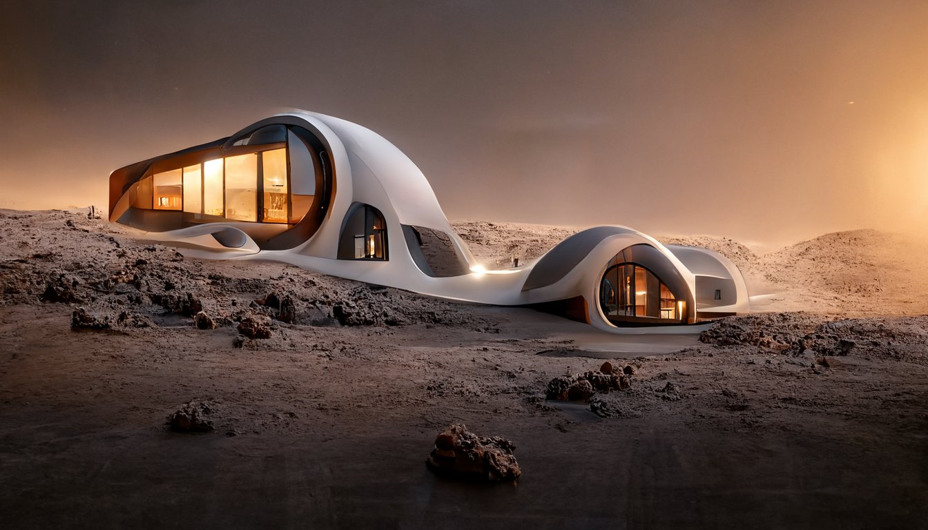 futuristic house on mars, life on mars, building with 3D-Printed, mars x-house, dark, night, walking astronaut, professional architectural photograph exterior, with a smoky background, hyperreal, photoreal, corona render, cinematic, 32k,
