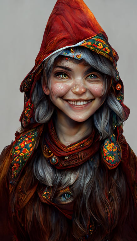 Gnome female, Dungeons and dragons, D&D, heterochromia, warlock, mischievous smile, insanely detailed and intricate, highly detailed, detailed, 8k,