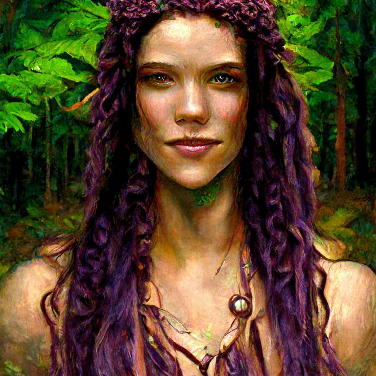 prompthunt masculine wood elf woman, extremely long curly hair, mauve