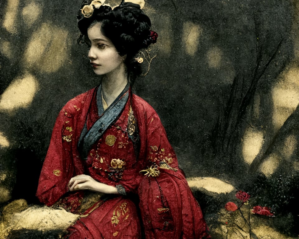 prompthunt: detailed engraving, geisha in park, Gustave Dore style