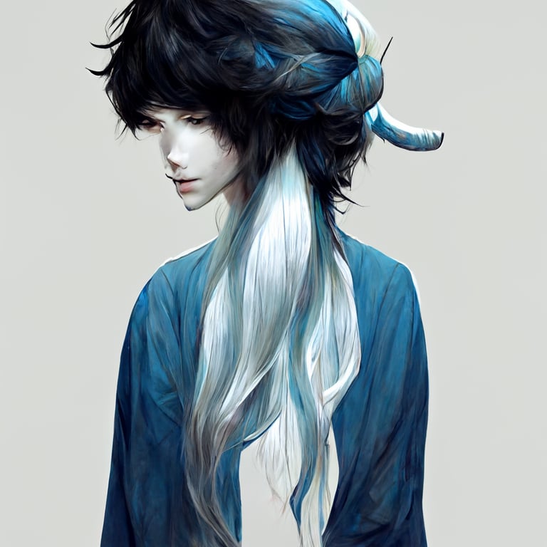 prompthunt: anime male, long hair white, blue horns, anime manga style