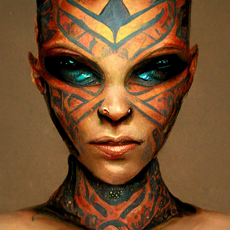 prompthunt: female, head shot of a beautiful alien with heavily tattooed skin, full body, colourful tribal inspired tattoos. visible tattoos on skin, chiselled, defined lines, beautiful black eyes, beautiful face, model, stoic,