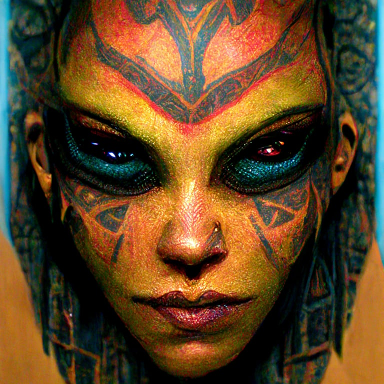 Prompthunt: Female, Head Shot Of A Beautiful Alien With Heavily Tattooed  Skin, Full Body, Colourful Tribal Inspired Tattoos. Visible Tattoos On  Skin, Chiselled, Defined Lines, Beautiful Black Eyes, Beautiful Face,  Model, Stoic,