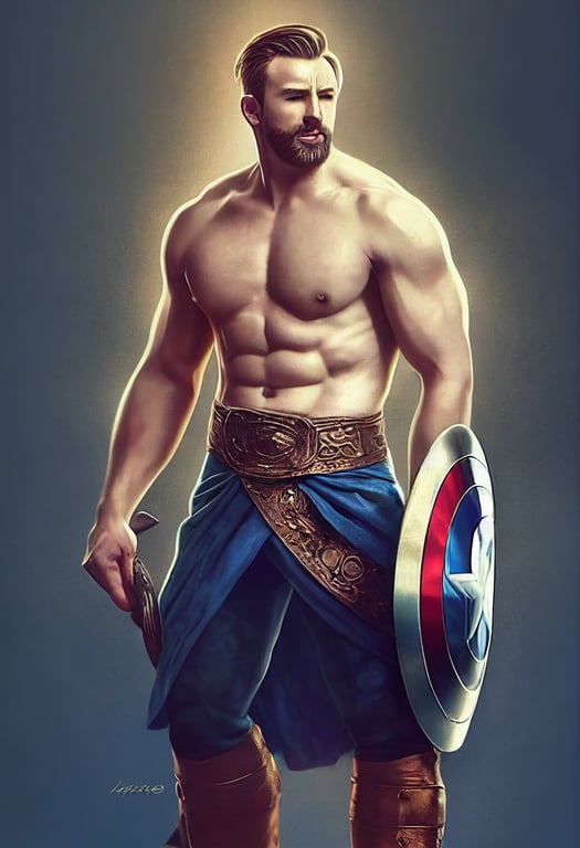 prompthunt: Chris Evans, extremely handsome, with shield, full body,  wearing a loincloth, athletic and muscular body, detailed background,  cinematic lighting, digital portrait by [artgerm + WLOP + ross tran +  Alphonse Mucha],