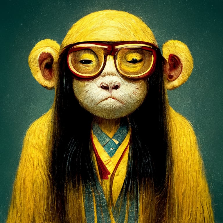 prompthunt: yellow long hair monkey with glasses, asian movie set, monkey  using computers