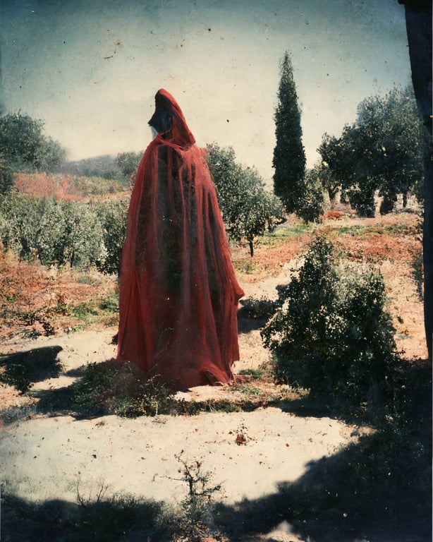 prompthunt: a ghosty figure wearing a transparent red cloak sitting under  an olive tree in a greek rural landscape, old, transparent, abandoned,  sunny, cinematic perspective view, old polaroid