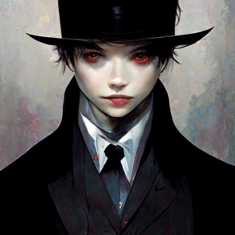 prompthunt: anime vampire, in a suit and a black hat, a rose in his left  hand, his right hand is raised