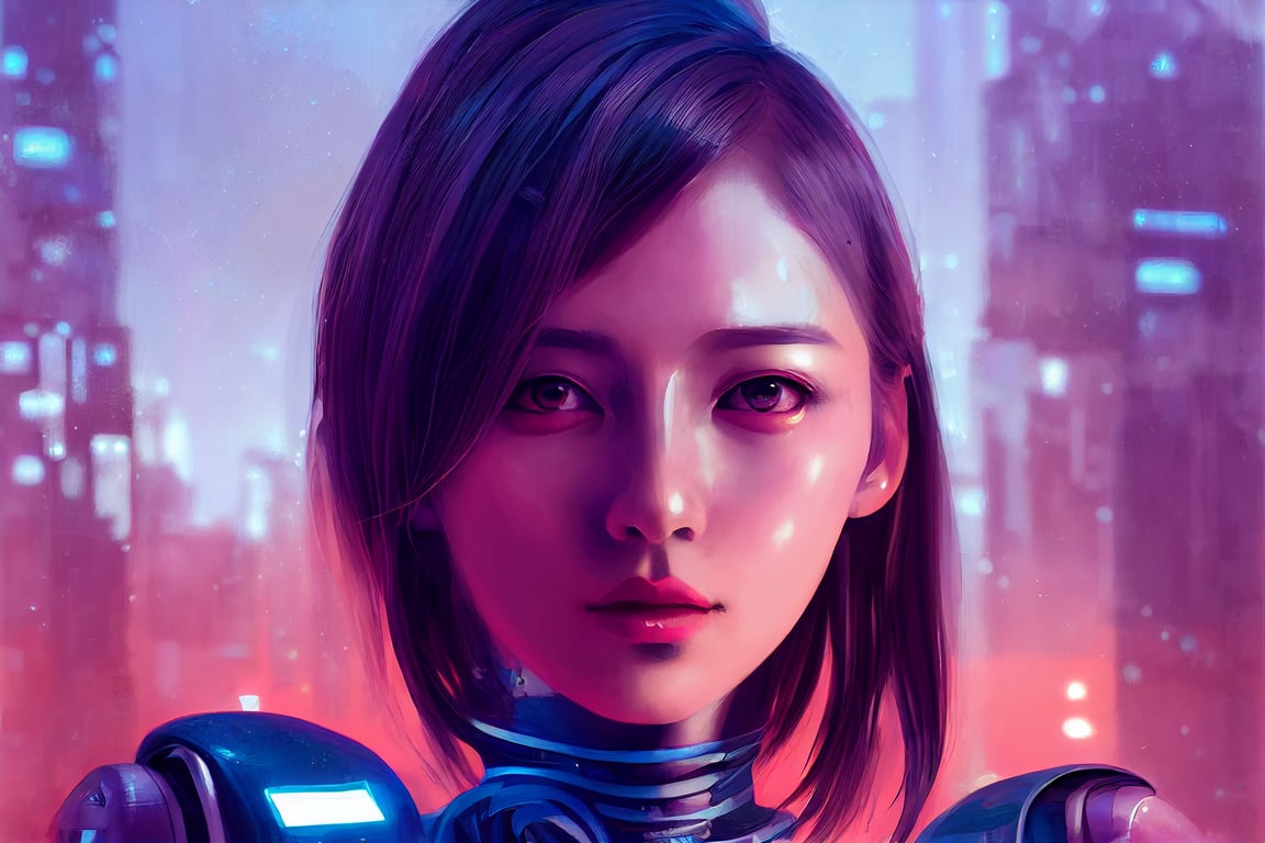 prompthunt: robot girl by sakimichan + WLOP, metal skin, beautiful face,  city centre background, pastel art, glowing edges, high contrast,  cyberpunk, intricate, ultra detailed, UHD,