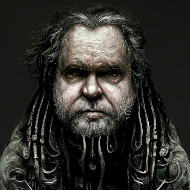 prompthunt: a fat homeless man with greasy unkempt long hair and a bushy  long beard in Giger art style