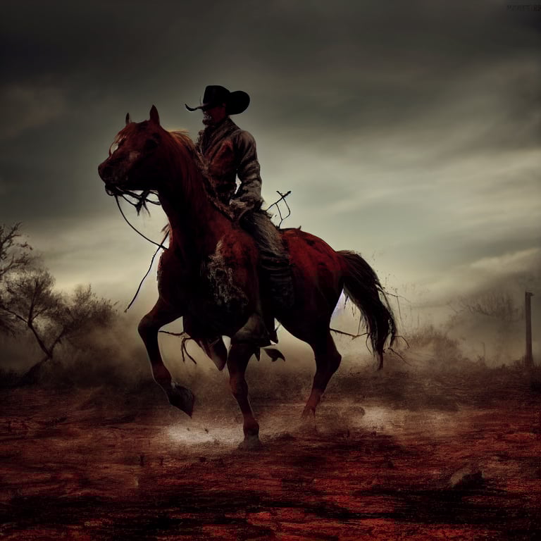 prompthunt cowboy riding a zombie horse in a post apocalyptic world