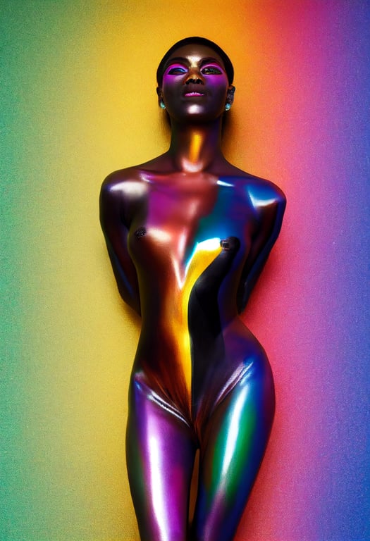 prompthunt: a beautiful happy futuristic black woman with her entire body  painted with shiny vibrant metallic colourful chrome body paint