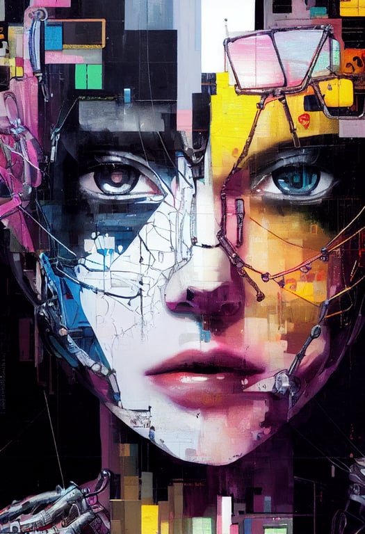 prompthunt: Acrylic painting of a close-up portrait of a cyberpunk  biomechanical female Borg, line drawing, mixed media, by Ashley Wood and  Yoji Shinkawa and Sui Ishida and Yoshitaka Amano, neon, glitch art,
