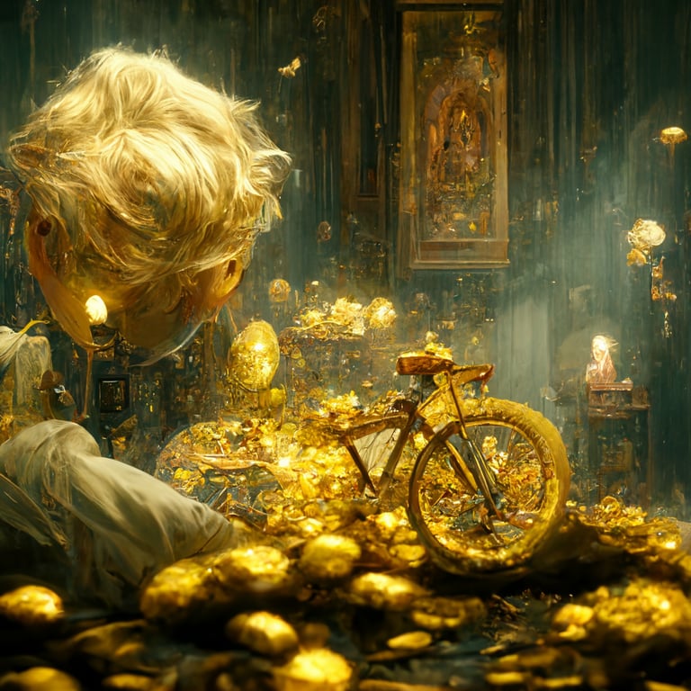 prompthunt: blond golden boy seat on his bicycle, surrounded by gold coins, wealth, lighting, high detail, edge lighting, film lighting, illustration, reflection, Art, New altar rendering, very coherent, film, Surrealism,