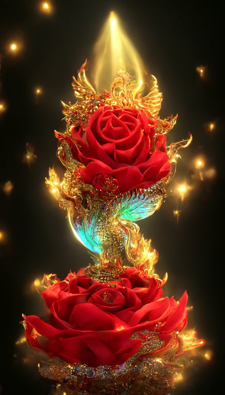 prompthunt: A red flame rose with a big Red rose on it, a diamond starlight  on it, and a huge golden Chinese angel dragon flame propagation lamp  underneath,high definition, dream fairy kingdom,4K,HD