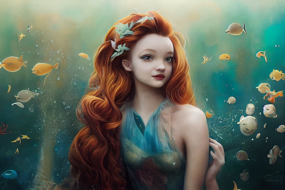 prompthunt: editorial photography, beautiful woman, ariel the little mermaid,  under the sea, mermaid tail, face like dove cameron and sadie sink, in the  style of daniel gerhartz and krenz cushart, baroque, elegant,