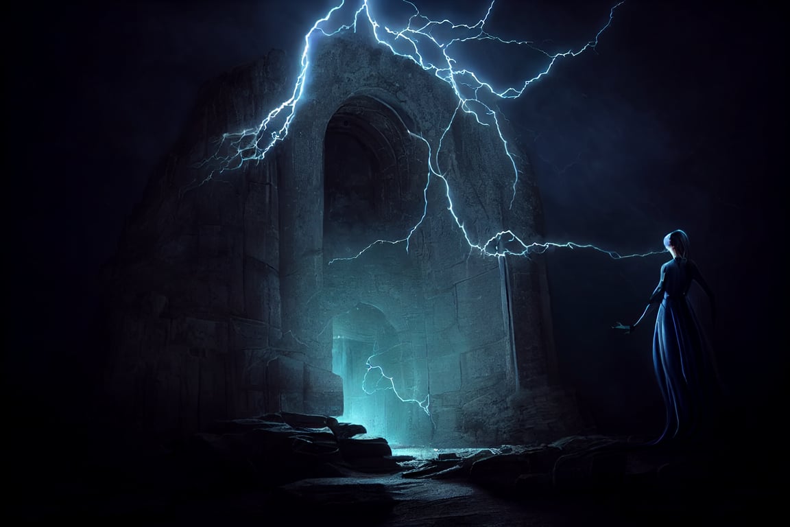 prompthunt: fair ethereal woman ghost with darkblue veins of lightning as  it moves out of a 20 meter high massive stone vault door, nightmarish,  eldritch, old gods, lovecraftian, by andree wallin, cold