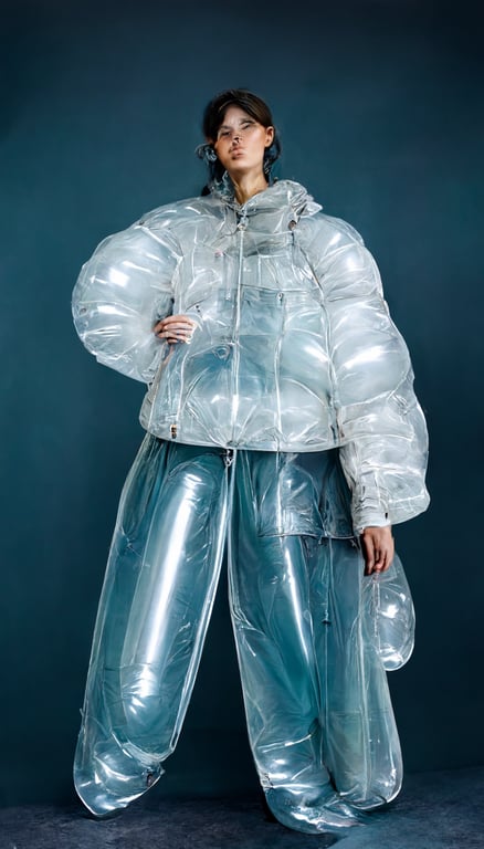 prompthunt: people wearing oversized inflatable inflated puffer trousers  made of transparent fabric, fashion photography, photoshoot, fashion  editorial, fashion, vogue, dynamic pose, photorealistic