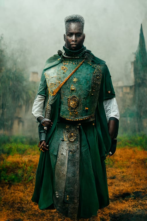 prompthunt: A stern white-haired dark-skinned African medieval fantasy  imperial captain officer general, short mohawk hairstyle, wearing an  elegant green sleeveless high-collared long coat over an armor, in a  medieval town, overcast cool