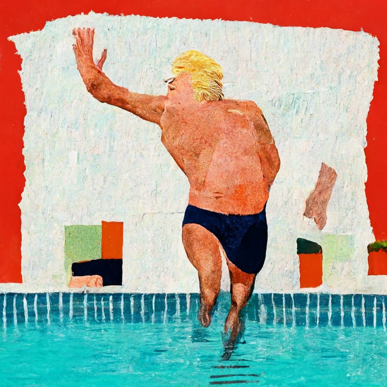 prompthunt Donald Trump wearing only swimming trunks jumps into a