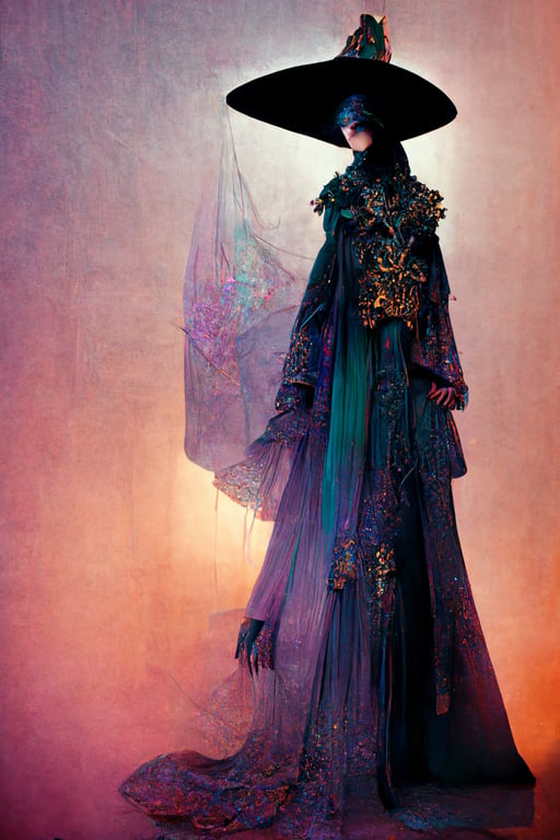 prompthunt: fashion photography, high-fashion editorial shot, haute couture  outfit for the modern witch, very fitted, close-fitting, figure-hugging,  large pointy witch hat, ornate mystical celestial details, embroidery by  guo pei, futuristic fabrics, jewel