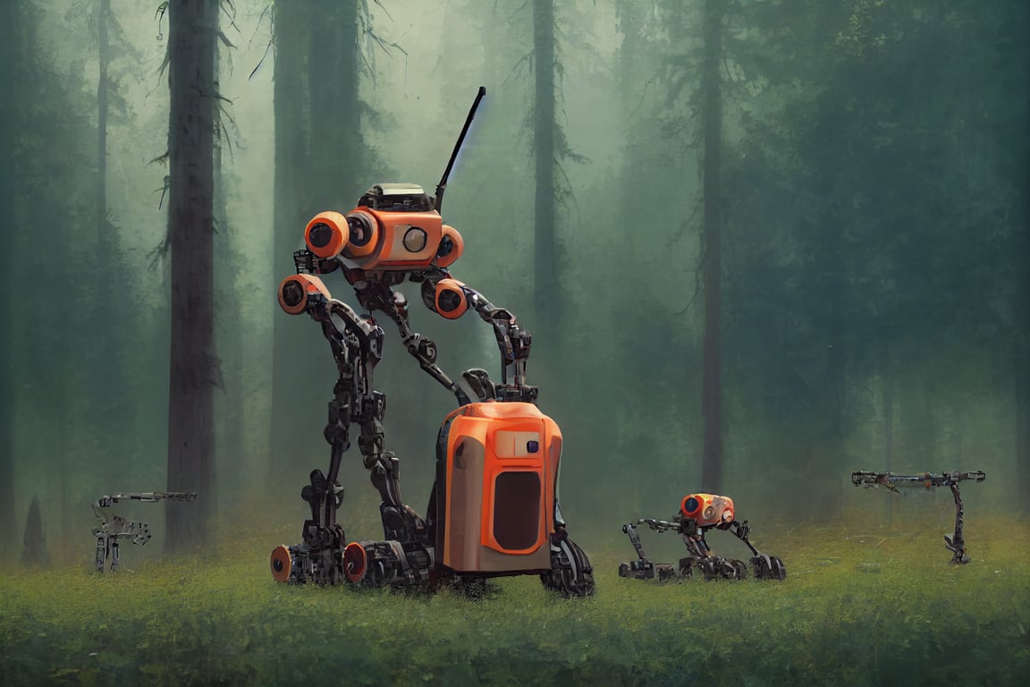 prompthunt: A clean crisp render of a sci-fi Transformer Sloth-bot Robot  Logger, a six legged robot, a menacing robot utility cutter forest droid,  with chainsaws for arms, in the forest, painted by