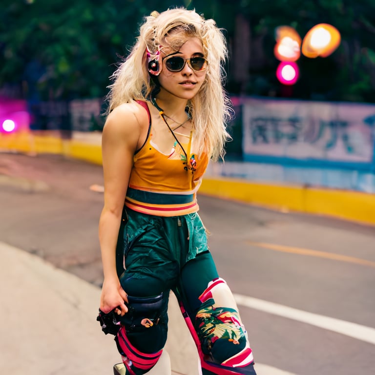 prompthunt: Young blonde roller girl, skating, on the street, full body,  80s style, hot pants, tank top, headphones, beautiful face, street style,  intricate details, professional photoshoot, high quality