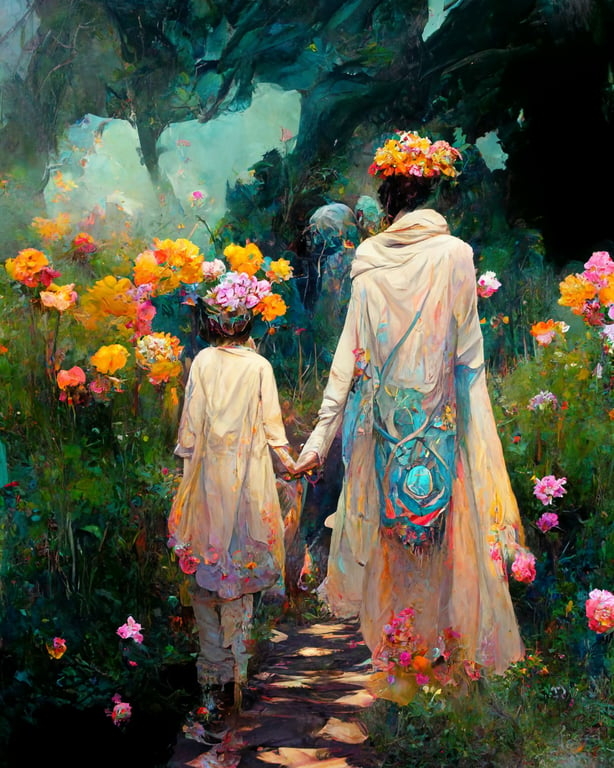 prompthunt: happy mother and son walking hand in hand on path full of  flowers, sunlight, bright palette, inspired by John William Waterhouse, James  Jean, Peter Mohrbacher, Rutkowski, studio ghibli, Dreamlike painting,  Ethereal,