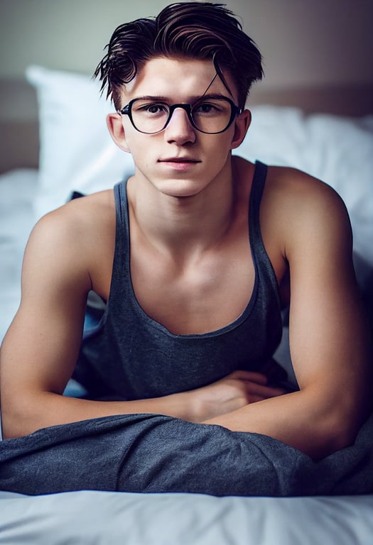 prompthunt: young man resembling a muscular Tom Holland on a bed, dimples,  smirk, glasses, handsome, 18 years old, beautiful detailed eyes, athletic  shorts, cocky smirk, broad shoulders, flirting, photography, very  realistic, in