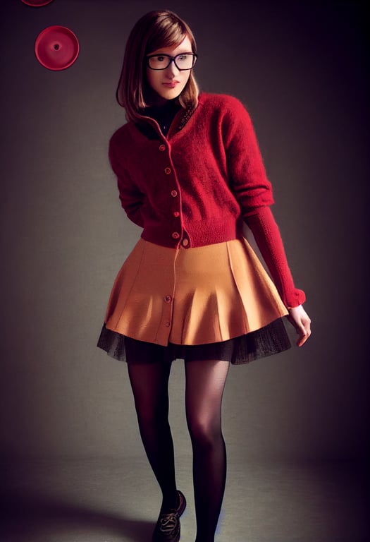 prompthunt: young nerdy woman, red mohair cardigan, cardigan with closed  buttons, 7 buttons, skirt and fishnet tights, well shaped sweater  strechers, pantyhose, tight fitted , slim fit, glasses, sneakers, outfit,  dressed, high