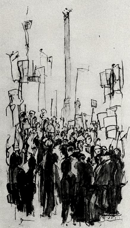 prompthunt: large crowd protesting, ink sketch, vertical composition
