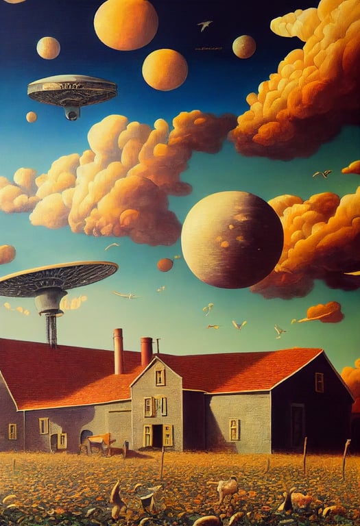 farm house in another dimension, ufo, flying animals, surrealism, surrealistic, salvador dali, beautiful painting, intricate detailes, beautiful colour graded, oil paint, highly detailed, ultra detailed, hyper detailed, HDR, HD, 4k, 8k, 16k