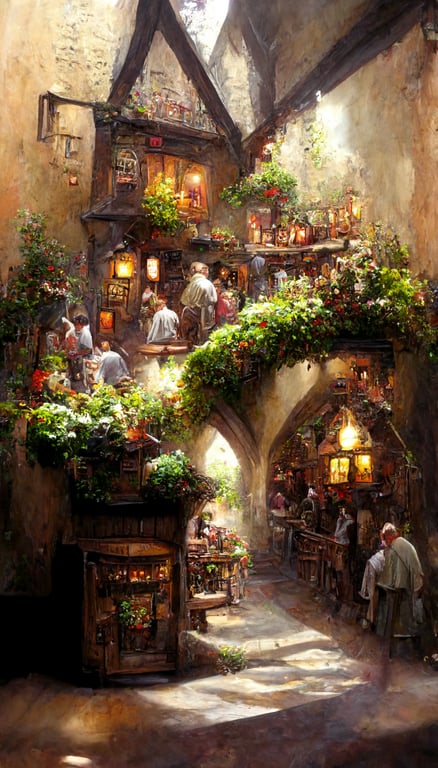 prompthunt: Beautiful Medieval Tavern on a corner in a Medieval Town,  Hyperdetailed, Path, Steps, Tudor Architecture, Fantasy, Flower baskets,  Crowded, ivy, Colourful, Storybook illustration, Beautiful day,  Picturesque, cinematic lighting, Concept art ...